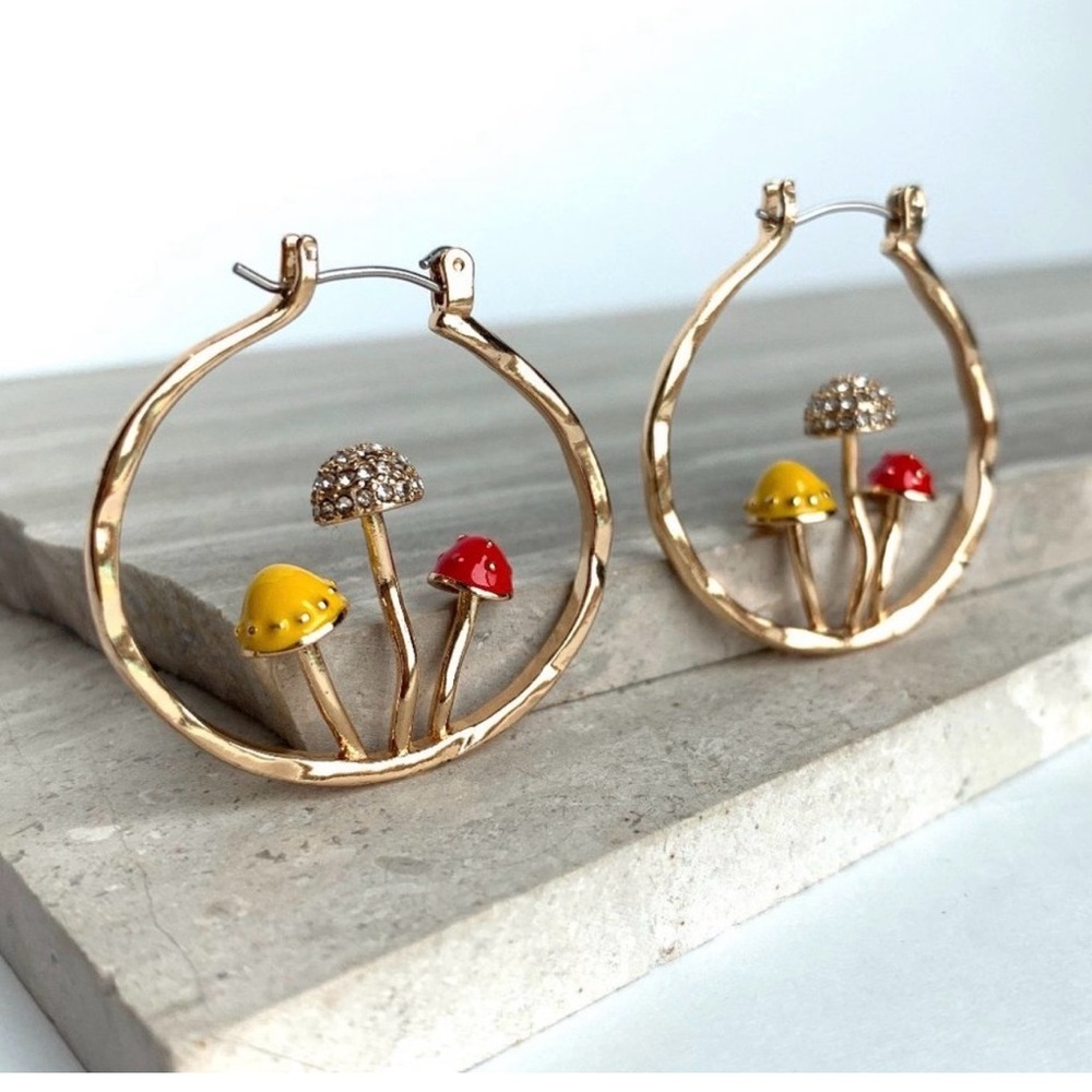 Anthropologie Gold Hoop Mushroom Earrings with Yellow & Red Enamel, NWOT - Picture 3 of 7